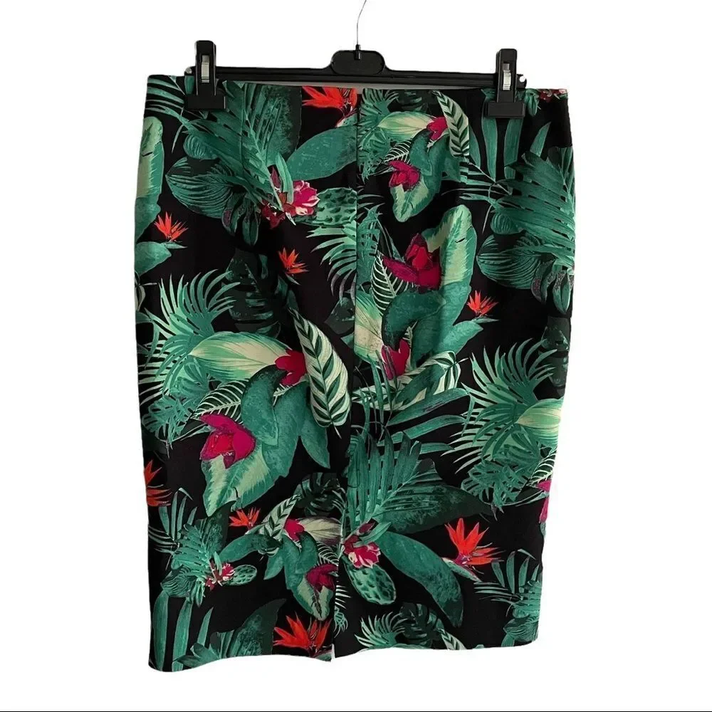LORD & TAYLOR Pencil Skirt Tropical Print Black Green Red Pink 12 - Picture 2 of 6